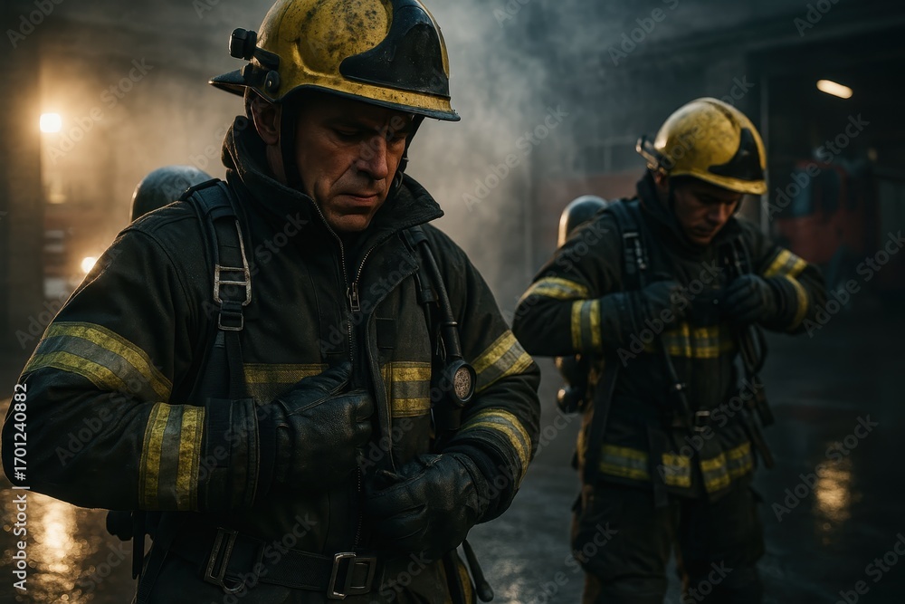 Fototapeta premium Firefighters perform meticulous gear checks at dawn securing zippers harnesses and SCBA for a safe snug fit before a demanding live fire training drill