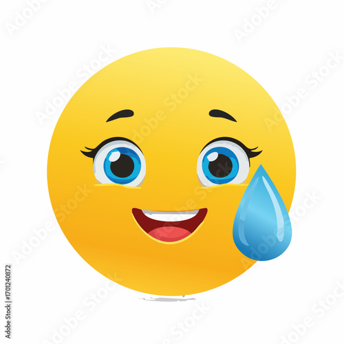 Smiling Yellow Face with Teary Eyes and Single Blue Teardrop - Vector Emoticon Illustration