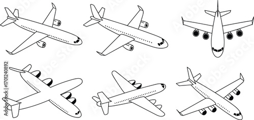 Airplane vector set, commercial aircraft, jet planes illustration, aviation clipart, airline travel, airplane icons, black and white planes