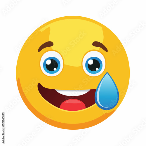 Joyful Emoji with a Blue Tear Expressing Happiness and Emotion in a Vector Illustration