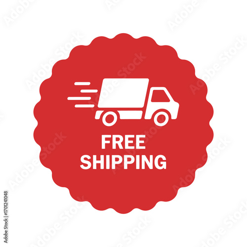 Red free shipping badge with truck icon and motion lines