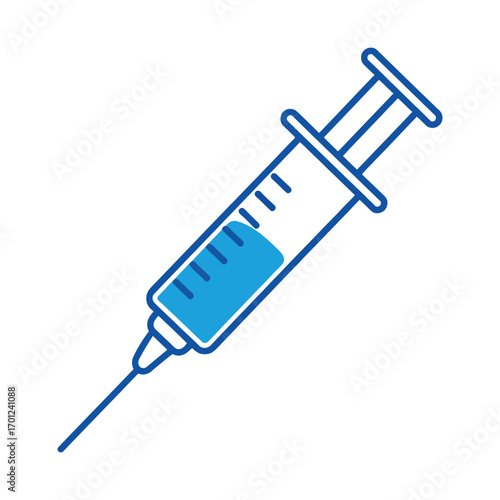 Medical syringe with blue liquid and needle for injection or vaccination