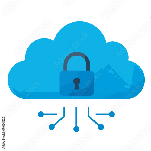 Cybersecurity concept with a locked blue cloud icon, representing secure online data storage, network protection, and information privacy technology