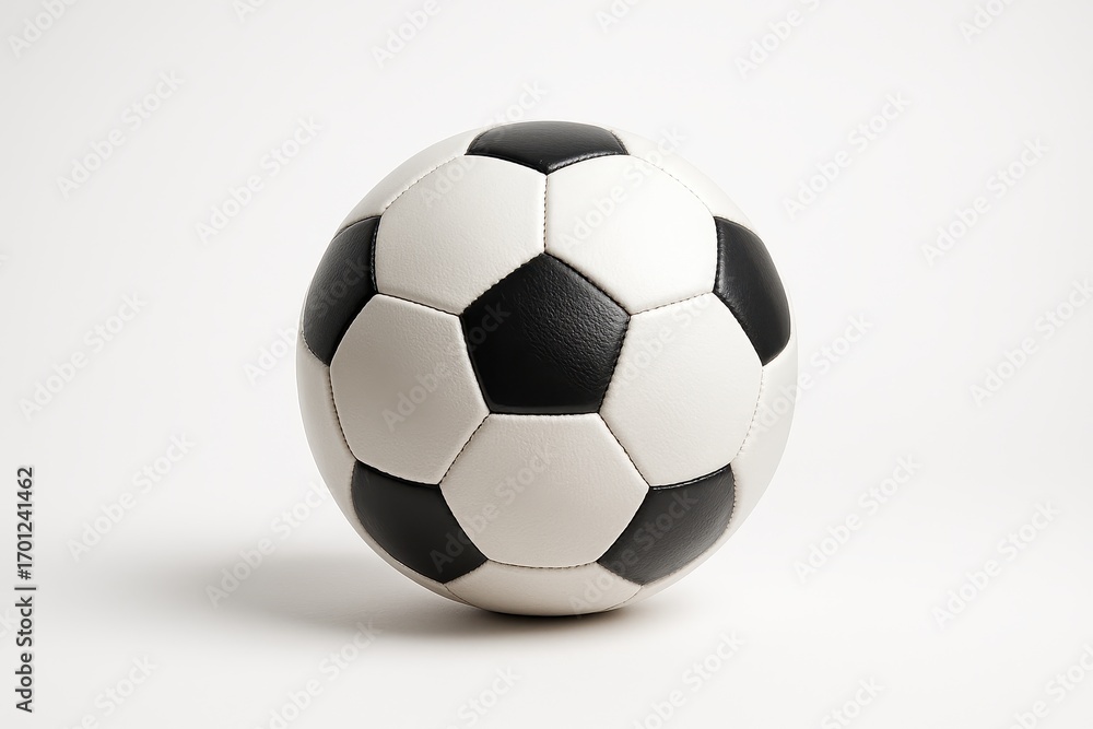 Naklejka premium Classic black and white soccer ball isolated on white with soft shadow crisp sports equipment cutout for clean design mockups