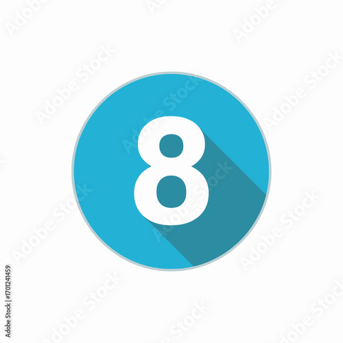Blue circular button with the number eight, featuring a modern flat design style and a long shadow. Vector illustration icon for apps and websites