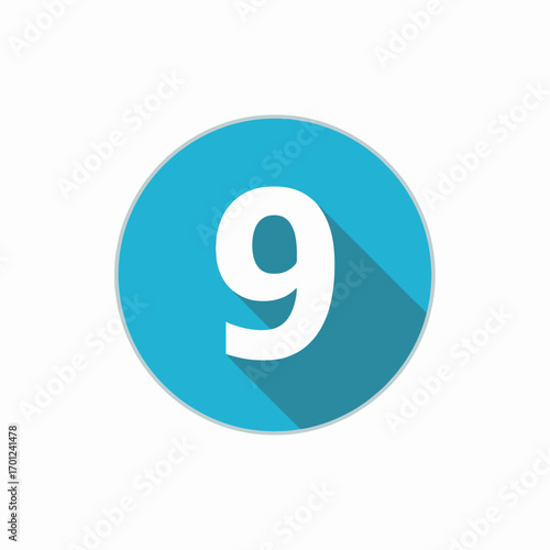Number 9 icon in a flat design style with a long shadow. White numeral inside a blue circle. Isolated vector graphic for web and mobile applications