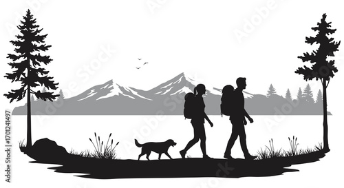 a couple walking their dog near a serene lake surrounded by mountains
