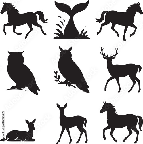 Collection of black animal silhouettes including horses owls deer and whale tail horse silhouette