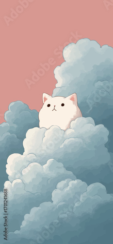 A fluffy white cat is nestled among soft, billowy clouds against a light pastel background, creating a tranquil atmosphere. Its round eyes are peacefully gazing upwards.