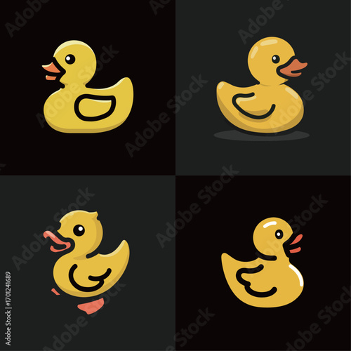 Four colorful rubber duck designs shown in various angles and styles, emphasizing their playful shapes and bright colors on a dark backdrop.