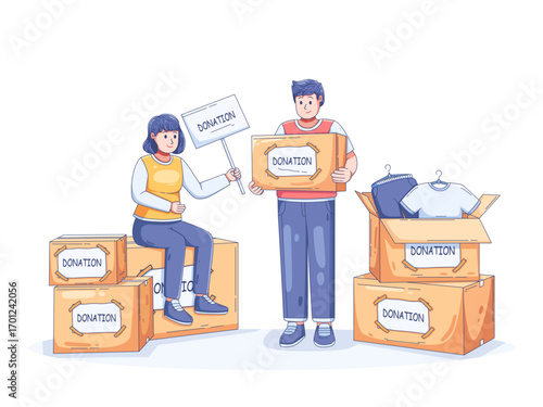 people participating in a charity donation event, giving clothes and items to help the community. Concept of volunteering, humanitarian aid, social responsibility, and kindness.