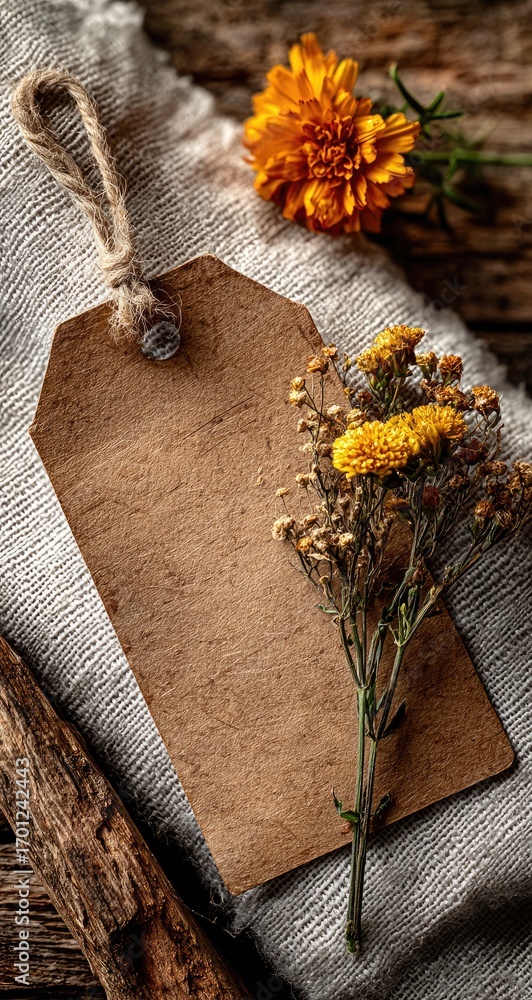 Obraz premium Autumnal Tag with Dried Flowers and Cloth