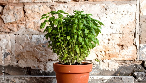 Potted basil plant in front of stone wall