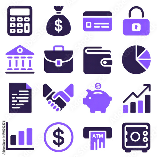 Collection of finance and business icons in purple and dark blue hues on transparent background
