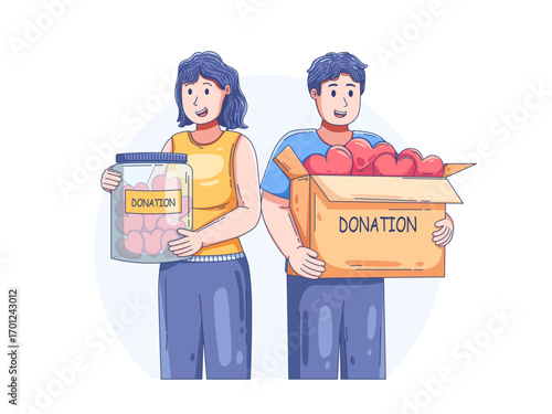 Illustration of two people holding donation containers jar and cardboard filled with red heart, representing love, kindness, and community support.