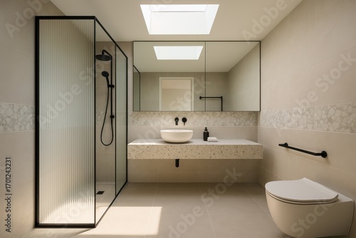 Wallpaper Mural Luxurious ensuite bathroom with terrazzo vanity fluted glass shower wall matte black fixtures skylight glow and serene marble mosaic accents Torontodigital.ca