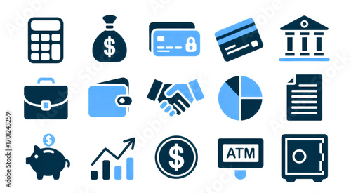 Illustration of financial icons including money and banking elements on transparent background