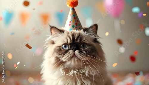 Birthday Cat Portrait Cute Persian Cat Wearing a Party Hat