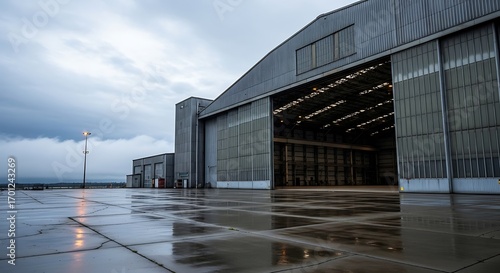 Massive airplane hangar with open doors on a rainy day