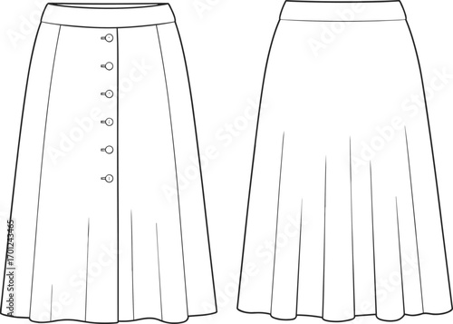 A-line skirt front and back view, fashion flat sketch, high waist skirt design, button down illustration, vector template