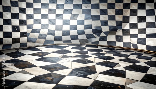 Distorted checkerboard room with warped walls and floor, creating a surreal and optical illusion