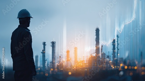Wallpaper Mural A worker in a hard hat observes an industrial landscape at sunset, showcasing oil rigs and production facilities with a rising graph overlay. Torontodigital.ca