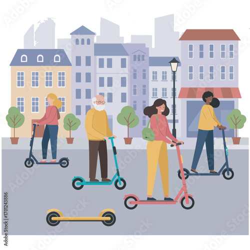 Flat vector illustration of a diverse community using shared electric scooters for sustainable city travel and urban mobility