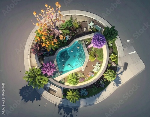Aerial view of a vibrant, circular urban garden with a unique blue water feature, diverse plants, and benches, surrounded by pavement.