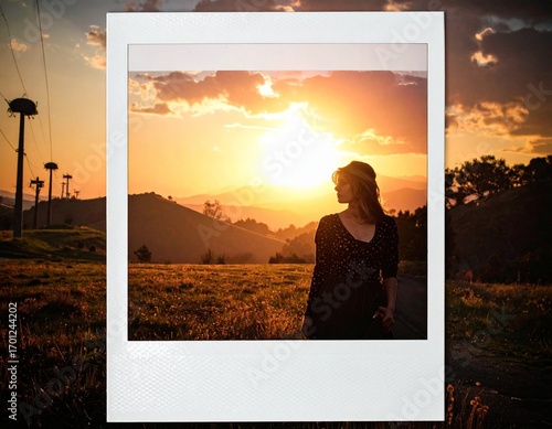 A woman stands silhouetted against a vibrant sunset over rolling hills, captured within a classic polaroid frame, evoking nostalgia and natural beauty.