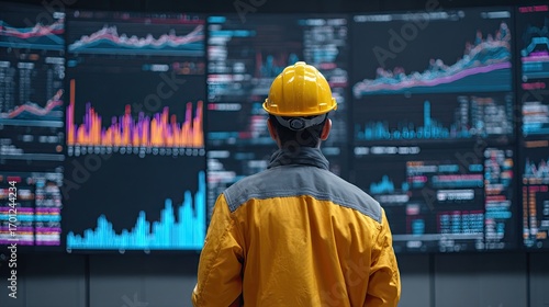 Wallpaper Mural A person in a hard hat analyzes colorful data visualizations on large screens, reflecting insights into performance metrics and trends. Torontodigital.ca