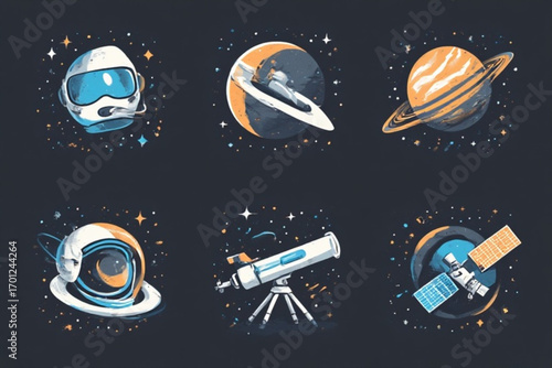 A collection of space-themed illustrations, featuring astronaut helmets, planets, spacecraft, and a telescope, set against a dark starry background.