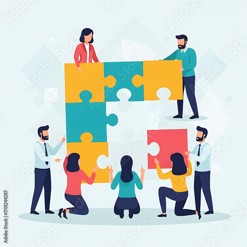Teamwork building a puzzle, business collaboration, people working together