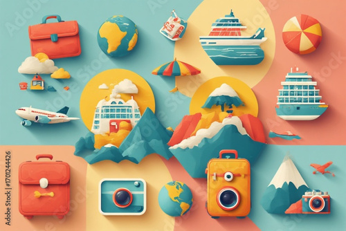 Vibrant illustration showcasing travel icons: suitcases, cruise ships, airplanes, cameras, and global landmarks, evoking wanderlust and adventure.