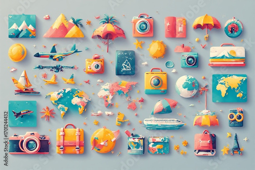 A vibrant collection of travel icons depicts diverse vacation elements, from airplanes and cameras to maps and luggage, suggesting exciting adventures and global exploration.