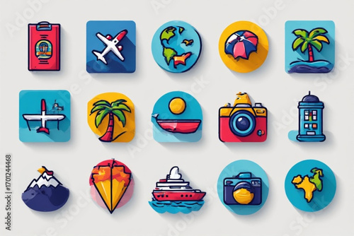 Colorful travel icons depict various vacation elements:  planes, boats, cameras, beaches, and global landmarks.