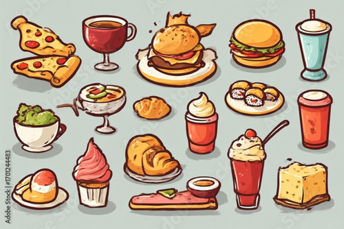 A vibrant collection of cartoon-style food and drink illustrations, showcasing diverse culinary delights.