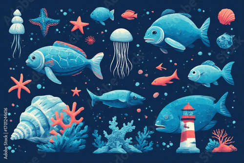A vibrant illustration showcasing various marine life elements against a dark blue backdrop.