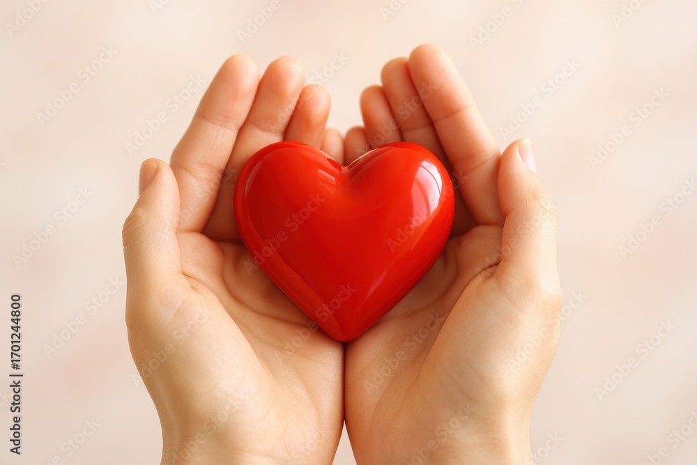 Fototapeta premium Female hands cupping bright red heart symbol on soft pastel background celebrating health donation kindness and family care with warm uplifting light