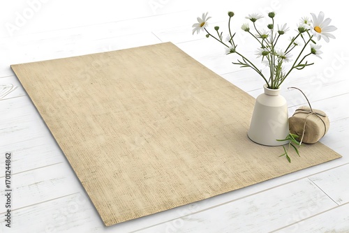 Rustic lace table runner with daisies in a vase and twine