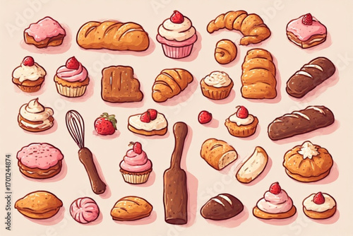 A variety of pastries, breads, and desserts displayed in a flat lay style illustration.