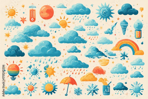 Cheerful illustration of various weather elements, including sun, clouds, rain, snow, and rainbows, presented in a vibrant, playful style.
