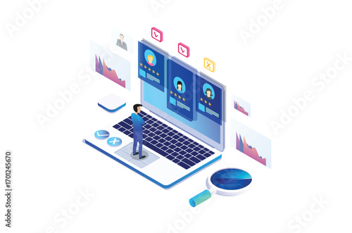 Modern Isometric Online survey concept with characters. illustration isolated on white background, Can use for web banner, infographics, . Suitable for Diagrams, Graphic Related Asset