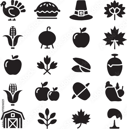 Collection of thanksgiving and autumn harvest icons in silhouette style