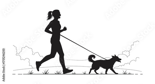 a woman jogging outdoors with her dog on a leash
