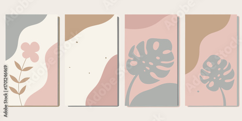 Set of four abstract vertical panels featuring minimalist floral and monstera leaf designs in pastel colors