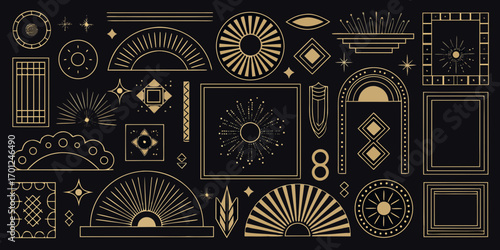 Collection of art deco geometric shapes and decorative elements in gold on a black background