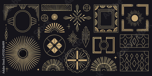 Collection of art deco geometric elements and frames in gold on a black background
