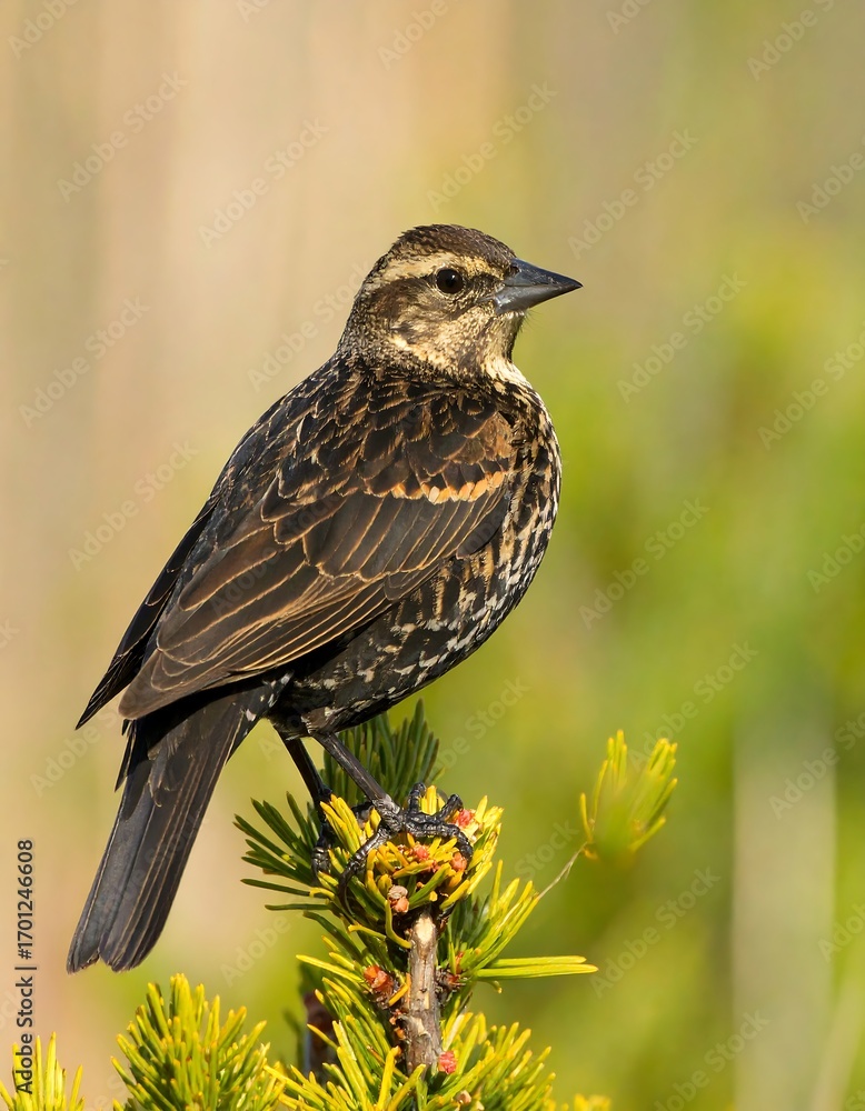 Fototapeta premium Bird perched on pine branch