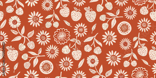 Charming retro pattern of white strawberries and daisies on a warm terracotta background