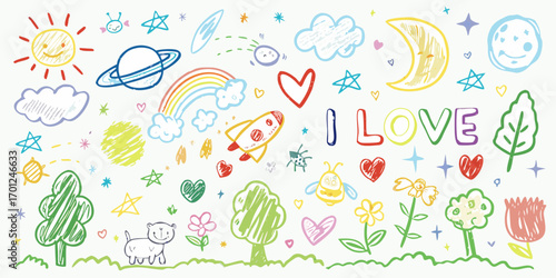Whimsical childrens drawing collection featuring space nature animals and the words i love